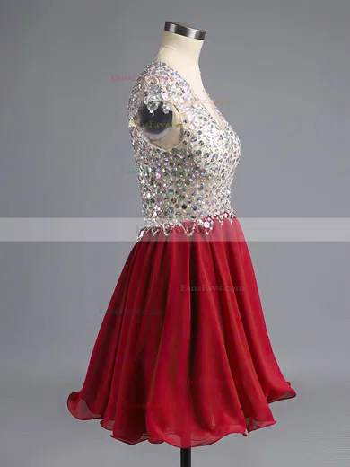 Burgundy A-line V-neck Chiffon Tulle Short/Mini Beading Open Back Homecoming Dresses #Favs020100703