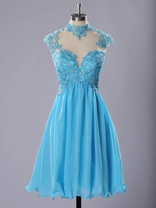 High Neck Blue Chiffon Tulle Appliques Lace Short/Mini Prom Dresses #Favs020102183 High Neck Blue Chiffon Tulle Appliques Lace Short/Mini Prom Dresses #Favs020102183