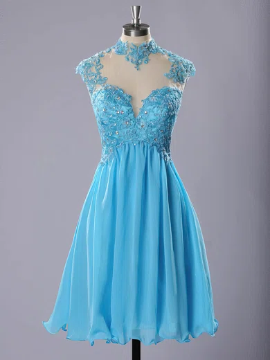 High Neck Blue Chiffon Tulle Appliques Lace Short/Mini Prom Dresses #Favs020102183