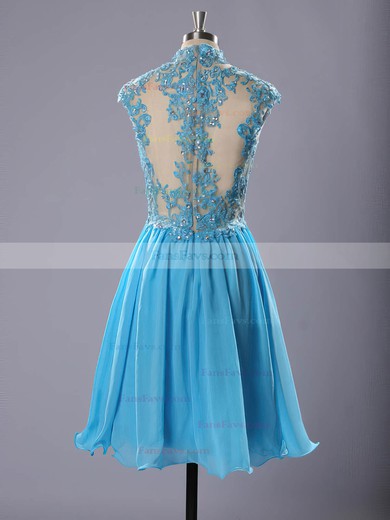 High Neck Blue Chiffon Tulle Appliques Lace Short/Mini Prom Dresses #Favs020102183