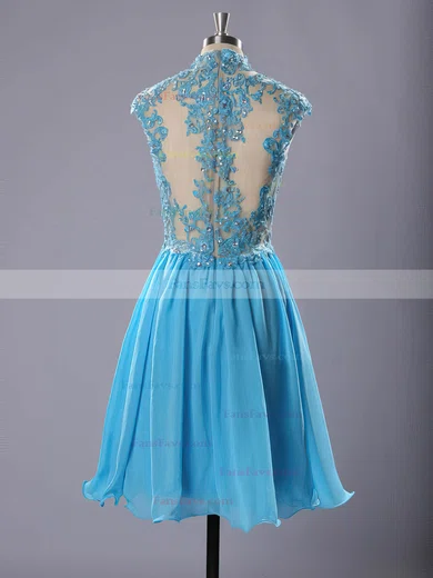 High Neck Blue Chiffon Tulle Appliques Lace Short/Mini Prom Dresses #Favs020102183