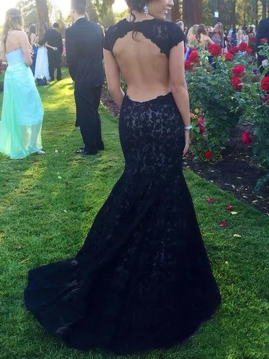 Trumpet/Mermaid Scoop Neck Lace Sweep Train Appliques Lace Prom Dresses #Favs020104446