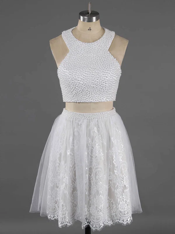 Newest Scoop Neck Two Pieces White Lace Crystal Detailing Short/Mini Homecoming Dresses #Favs020100649