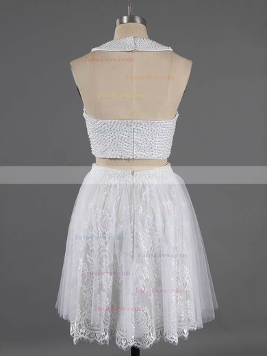 Newest Scoop Neck Two Pieces White Lace Crystal Detailing Short/Mini Homecoming Dresses #Favs020100649