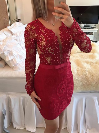 Sheath/Column V-neck Lace Short/Mini Sashes / Ribbons Burgundy Long Sleeve Prom Dress #Favs020102458 Sheath/Column V-neck Lace Short/Mini Sashes / Ribbons Burgundy Long Sleeve Prom Dress #Favs020102458