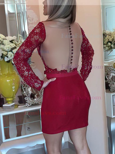 Sheath/Column V-neck Lace Short/Mini Sashes / Ribbons Burgundy Long Sleeve Prom Dress #Favs020102458