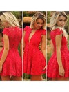 Short/Mini Red Lace Ruffles with Cap Straps V-neck Prom Dresses #Favs02016830