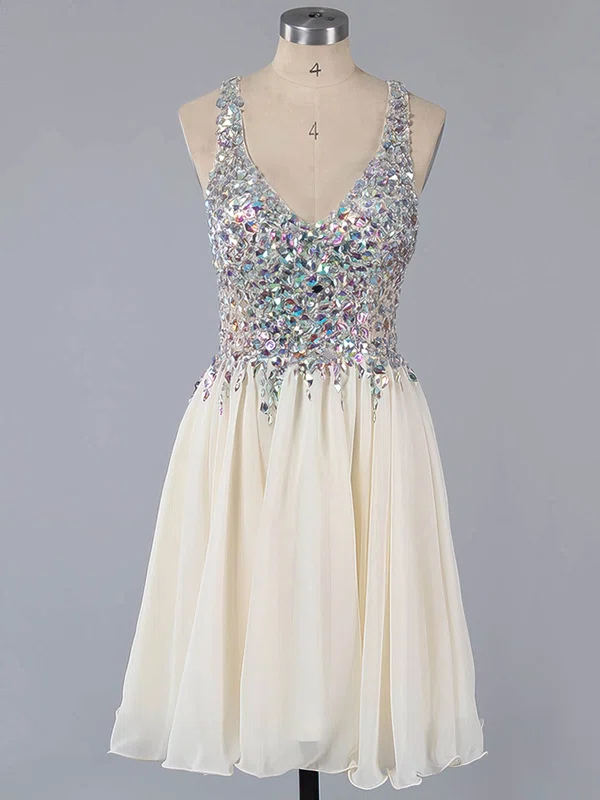 A-line V-neck Lace Chiffon Short/Mini Ruffles Homecoming Dresses #Favs02016363