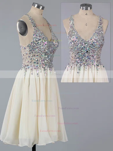 A-line V-neck Lace Chiffon Short/Mini Ruffles Homecoming Dresses #Favs02016363