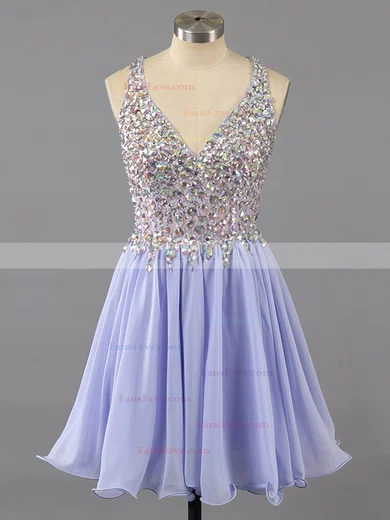 A-line V-neck Lace Chiffon Short/Mini Ruffles Homecoming Dresses #Favs02016363