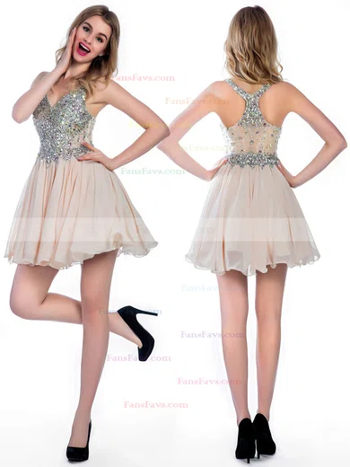 A-line V-neck Lace Chiffon Short/Mini Ruffles Homecoming Dresses #Favs02016363