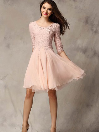 A-line Scoop Neck Lace Chiffon Tulle Short/Mini Appliques Lace Prom Dresses #Favs02018178