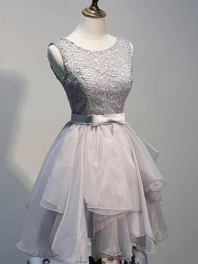 A-line Scoop Neck Lace Organza Short/Mini Sashes / Ribbons 2016 Prom Dresses #Favs020102423