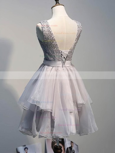 A-line Scoop Neck Lace Organza Short/Mini Sashes / Ribbons 2016 Prom Dresses #Favs020102423