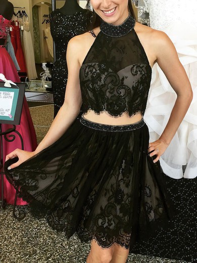 Ball Gown High Neck Lace Satin Short/Mini Beading Black Two Piece Cute Prom Dresses #Favs020103327