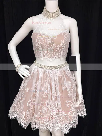 Ball Gown High Neck Lace Satin Short/Mini Beading Black Two Piece Cute Prom Dresses #Favs020103327