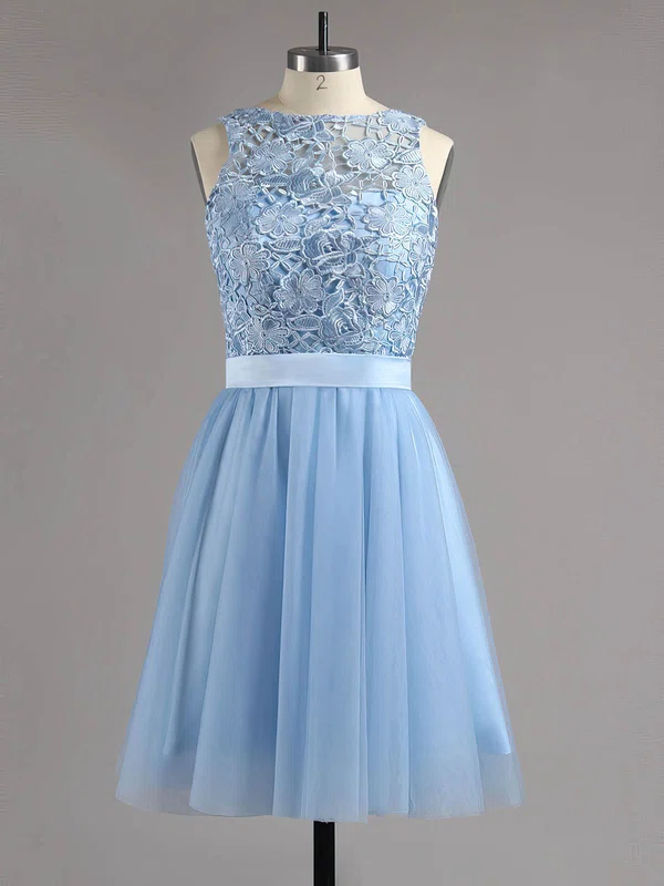 A-line Scoop Neck Lace Tulle Short/Mini Sashes / Ribbons Backless Sweet Homecoming Dresses #Favs020100826