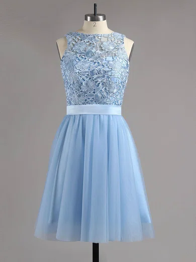 A-line Scoop Neck Lace Tulle Short/Mini Sashes / Ribbons Backless Sweet Homecoming Dresses #Favs020100826