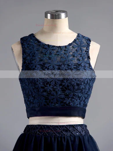 Two Piece A-line Scoop Neck Lace Tulle Short/Mini Beading Dark Navy Homecoming Dresses #Favs020101441