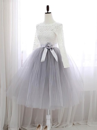 Sweet A-line Scalloped Neck Lace Tulle Knee-length Sashes / Ribbons Long Sleeve Prom Dresses #Favs020102849 Sweet A-line Scalloped Neck Lace Tulle Knee-length Sashes / Ribbons Long Sleeve Prom Dresses #Favs020102849