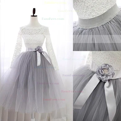 Sweet A-line Scalloped Neck Lace Tulle Knee-length Sashes / Ribbons Long Sleeve Prom Dresses #Favs020102849