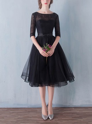 Black A-line Scoop Neck Lace Tulle Knee-length Sashes / Ribbons 1/2 Sleeve Simple Prom Dresses #Favs020102872 Black A-line Scoop Neck Lace Tulle Knee-length Sashes / Ribbons 1/2 Sleeve Simple Prom Dresses #Favs020102872