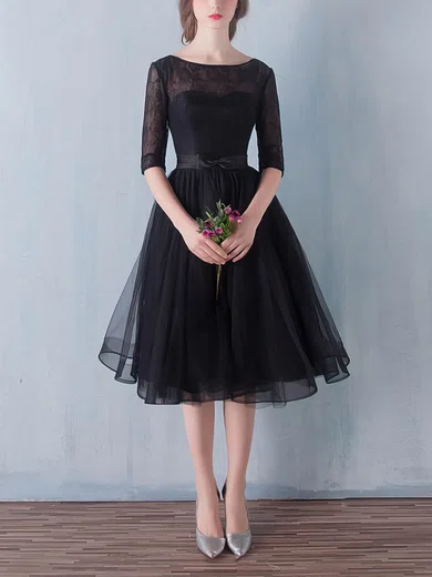 Black A-line Scoop Neck Lace Tulle Knee-length Sashes / Ribbons 1/2 Sleeve Simple Prom Dresses #Favs020102872