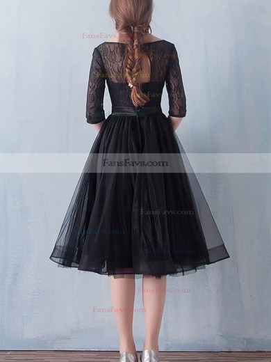 Black A-line Scoop Neck Lace Tulle Knee-length Sashes / Ribbons 1/2 Sleeve Simple Prom Dresses #Favs020102872