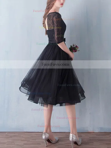 Black A-line Scoop Neck Lace Tulle Knee-length Sashes / Ribbons 1/2 Sleeve Simple Prom Dresses #Favs020102872