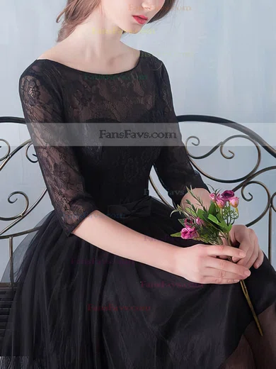 Black A-line Scoop Neck Lace Tulle Knee-length Sashes / Ribbons 1/2 Sleeve Simple Prom Dresses #Favs020102872