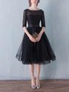 Black A-line Scoop Neck Lace Tulle Knee-length Sashes / Ribbons 1/2 Sleeve Simple Prom Dresses #Favs020102872