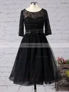 Black A-line Scoop Neck Lace Tulle Knee-length Sashes / Ribbons 1/2 Sleeve Simple Prom Dresses #Favs020102872