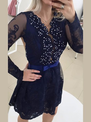 New A-line Scoop Neck Lace Tulle Short/Mini Beading Dark Navy Long Sleeve Prom Dresses #Favs020103709 New A-line Scoop Neck Lace Tulle Short/Mini Beading Dark Navy Long Sleeve Prom Dresses #Favs020103709