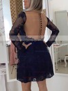 New A-line Scoop Neck Lace Tulle Short/Mini Beading Dark Navy Long Sleeve Prom Dresses #Favs020103709