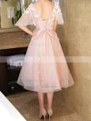 Princess V-neck Lace Tulle Tea-length Appliques Lace Prom Dresses #Favs020105819