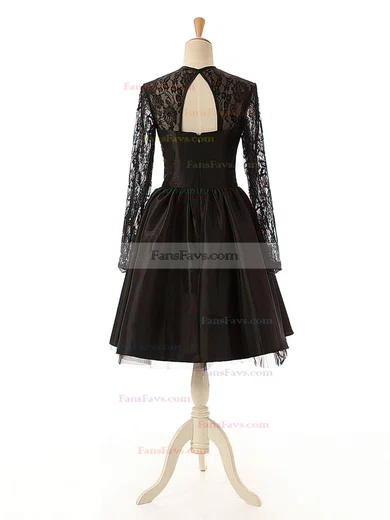 Elegant A-line Scoop Neck Lace Tulle Silk-like Satin Knee-length Long Sleeve Black Homecoming Dresses #Favs020102516