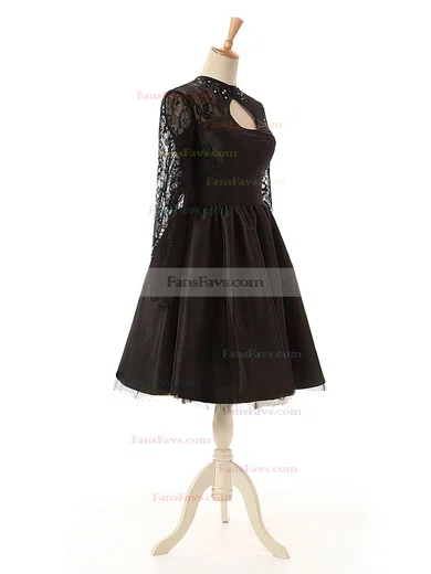 Elegant A-line Scoop Neck Lace Tulle Silk-like Satin Knee-length Long Sleeve Black Homecoming Dresses #Favs020102516