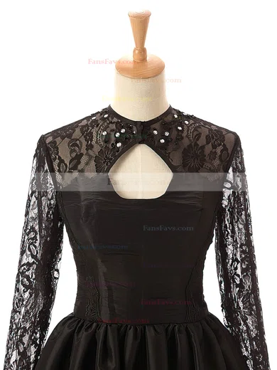 Elegant A-line Scoop Neck Lace Tulle Silk-like Satin Knee-length Long Sleeve Black Homecoming Dresses #Favs020102516