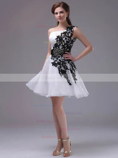 One Shoulder Short/Mini Inexpensive Organza with Black Appliques Prom Dress #Favs02042244