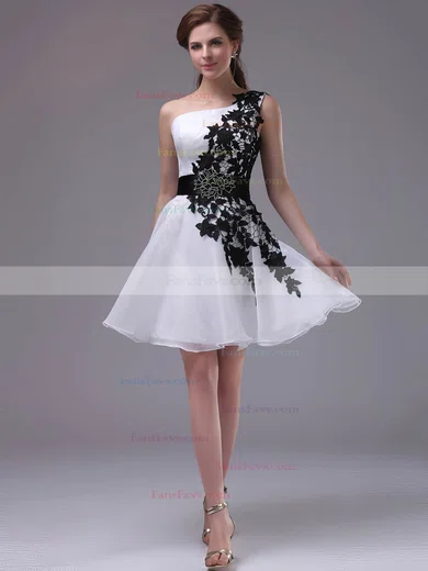 One Shoulder Short/Mini Inexpensive Organza with Black Appliques Prom Dress #Favs02042244