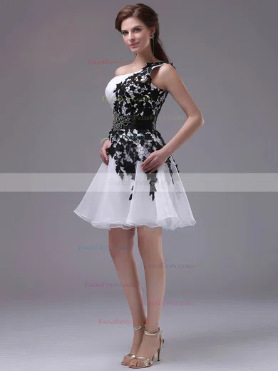 One Shoulder Short/Mini Inexpensive Organza with Black Appliques Prom Dress #Favs02042244