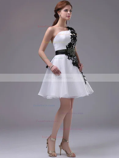 One Shoulder Short/Mini Inexpensive Organza with Black Appliques Prom Dress #Favs02042244