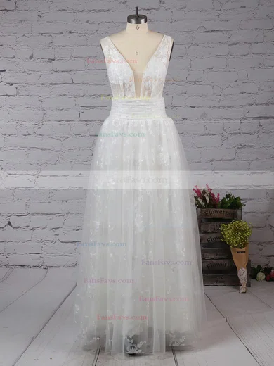 A-line V-neck Lace Tulle Floor-length Prom Dresses #Favs020104576