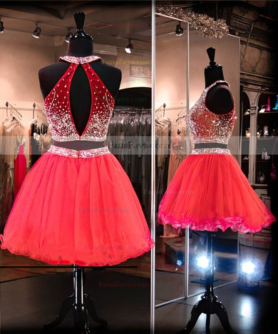 A-line Scoop Neck Short/Mini Organza Tulle Prom Dresses with Beading #Favs020102528