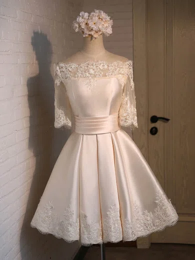 Ball Gown Off-the-shoulder Satin Short/Mini Appliques Lace 1/2 Sleeve New Prom Dresses #Favs020103039
