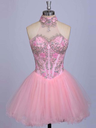 High Neck Pink Satin Tulle Beading Short/Mini Cute Prom Dresses #Favs020101623 High Neck Pink Satin Tulle Beading Short/Mini Cute Prom Dresses #Favs020101623