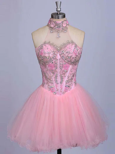High Neck Pink Satin Tulle Beading Short/Mini Cute Prom Dresses #Favs020101623