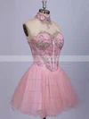 High Neck Pink Satin Tulle Beading Short/Mini Cute Prom Dresses #Favs020101623