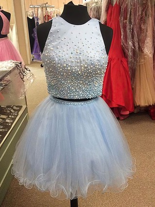Princess Scoop Neck Satin Tulle Short/Mini Pearl Detailing Two Piece Homecoming Dresses #Favs020102539