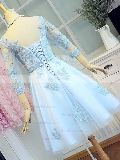 Sweet A-line Scoop Neck Satin Tulle Short/Mini Appliques Lace 3/4 Sleeve Prom Dresses #Favs020103779
